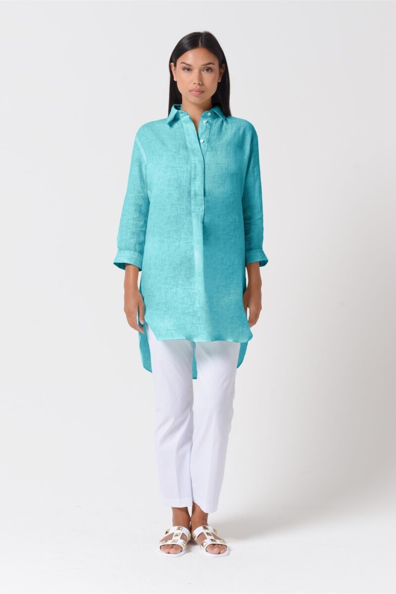 arisum Mini Leinenkleid „Paraggi“ – Leichtes Damen Shirtdress in Blaugrün