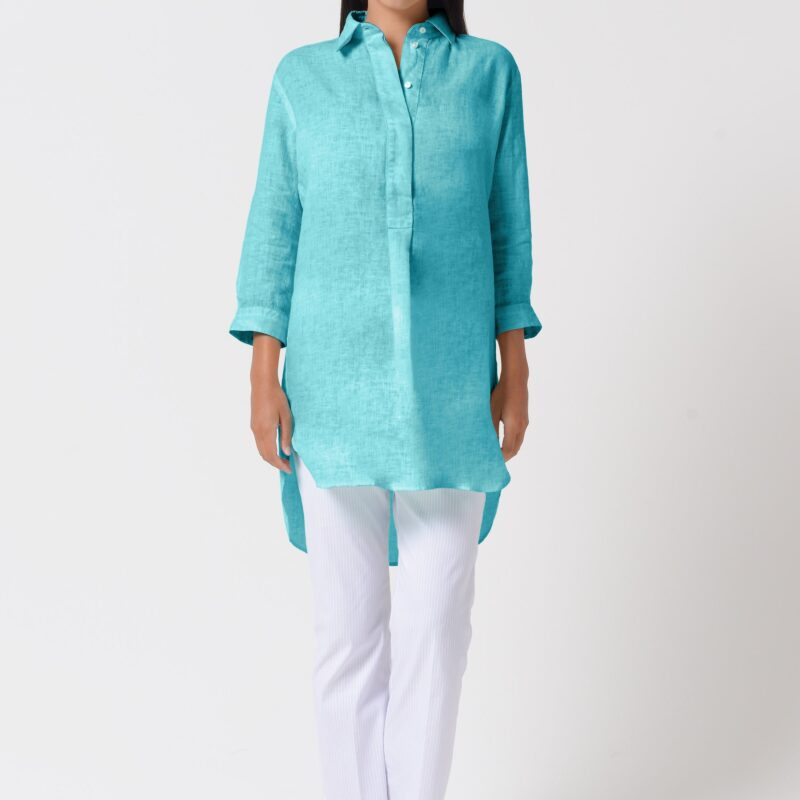 arisum Mini Leinenkleid „Paraggi“ – Leichtes Damen Shirtdress in Blaugrün